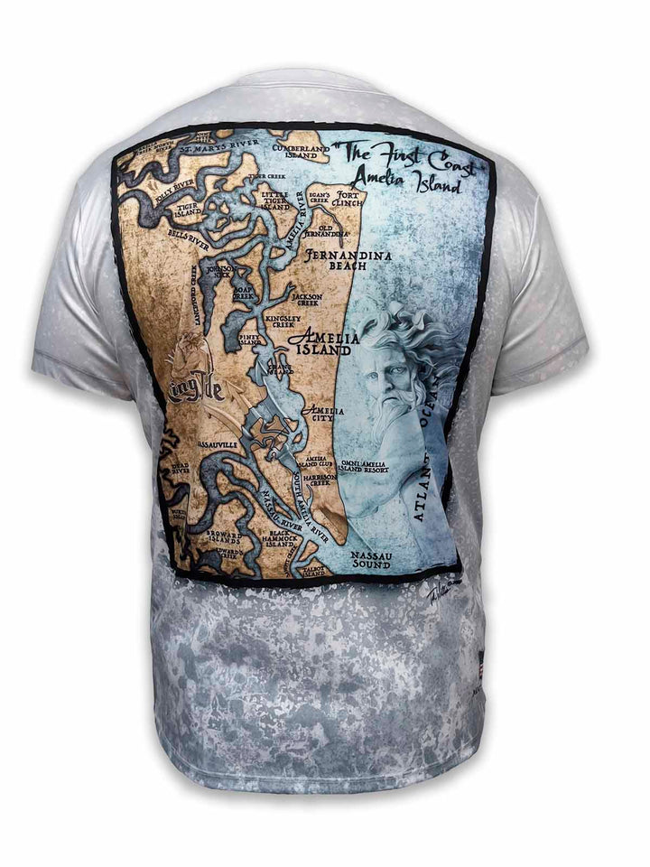 custom short-sleeve shirt showcases a high-definition map of Amelia Island on a distinctive slate fossil background.