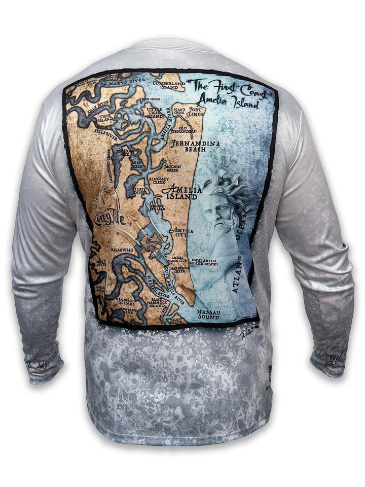 Custom Amelia / Fernandina map on a long sleeved King Tide shirt with a textured slate fossil background.