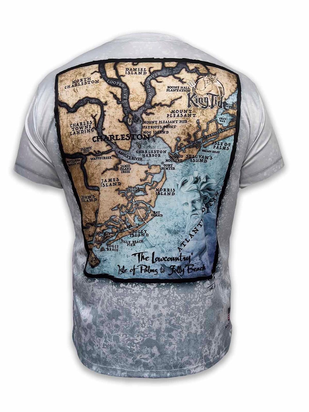 custom short-sleeve performance shirt features a high-definition map of Charleston, SC, on a distinctive slate fossil background