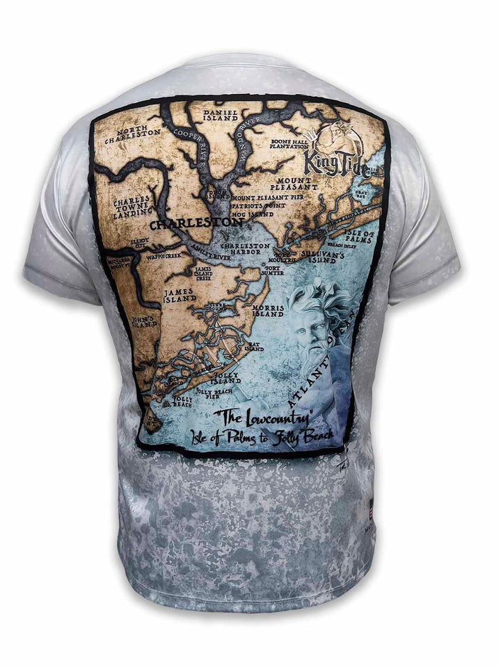 custom short-sleeve performance shirt features a high-definition map of Charleston, SC, on a distinctive slate fossil background