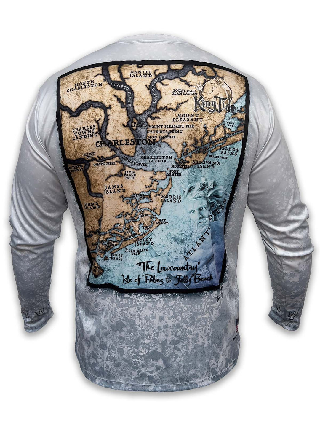 Custom Charleston, SC map. Mount Pleasant, Folly Beach, Sullivan's Island and many more on a Long Sleeve, King Tide shirt with a slate fossil background.