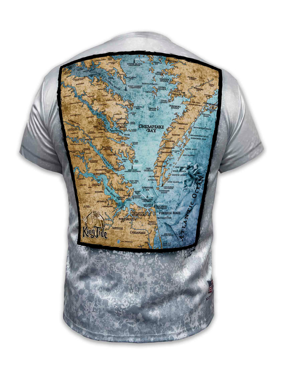 short sleeve King Tide shirt features Chesapeake Bay fine art chart with  a textured, slate fossil background. This will quickly become your go to shirt for just about anywhere.