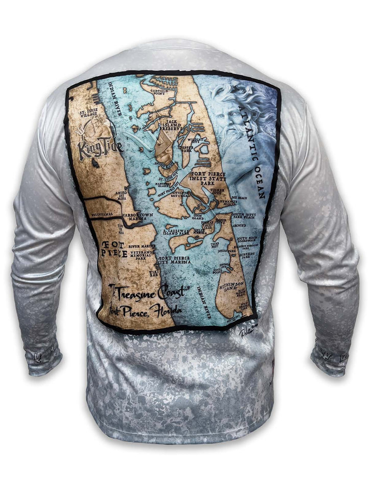 A long-sleeved shirt with a detailed map of Ft. Pierce, FL, printed on the back over a textured slate background. 
Fort Pierce State Inlet Park, Hutchinson Island, South Jetty Park, Pepper Park, and Surfside Park are highlighted on the Fort Pierce, FL custom map.  Fort Pierce is home to uncrowded, pristine beaches and the beautiful, wide Indian River on Florida's Treasure Coast.