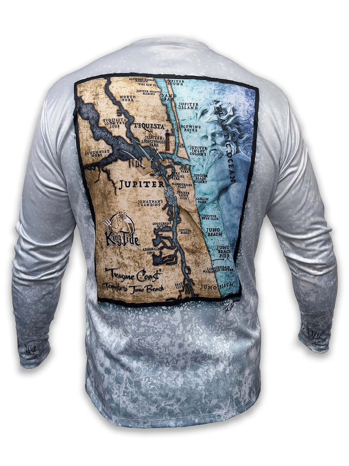 Jupiter Inlet, Jupiter Lighthouse Park, Juno Beach and the Loggerhead Marinelife Center stand out on the stunning, fine art chart.  A custom, cut and sew, long sleeve shirt with a slate fossil background.
The custom Jupiter map also includes Jupiter Island, Blowing Rocks, Dubois Park, & Tequesta to name a few.