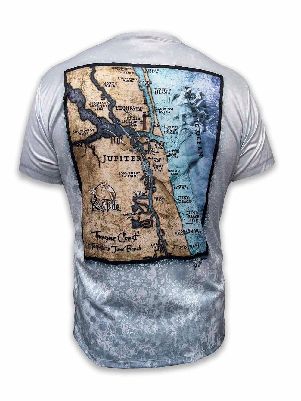 Custom short-sleeve shirt features a vintage style map of Jupiter, FL on an understated fossil background. Good looking & comfortable! UPF 50, XS-5X Made in USA