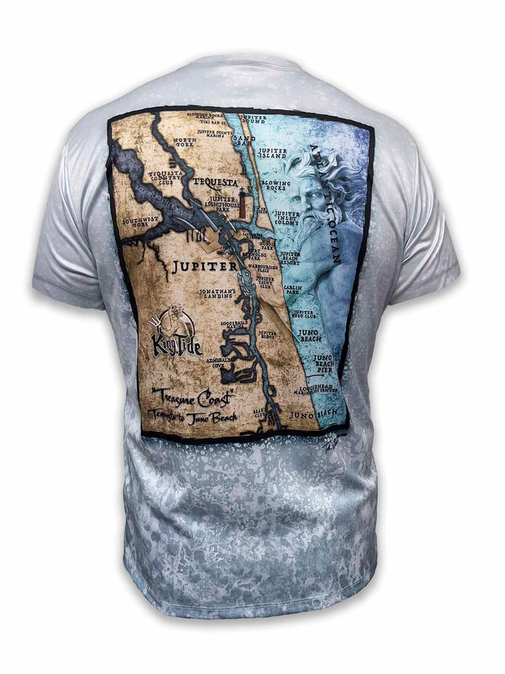 Custom short-sleeve shirt features a vintage style map of Jupiter, FL on an understated fossil background. Good looking & comfortable! UPF 50, XS-5X Made in USA