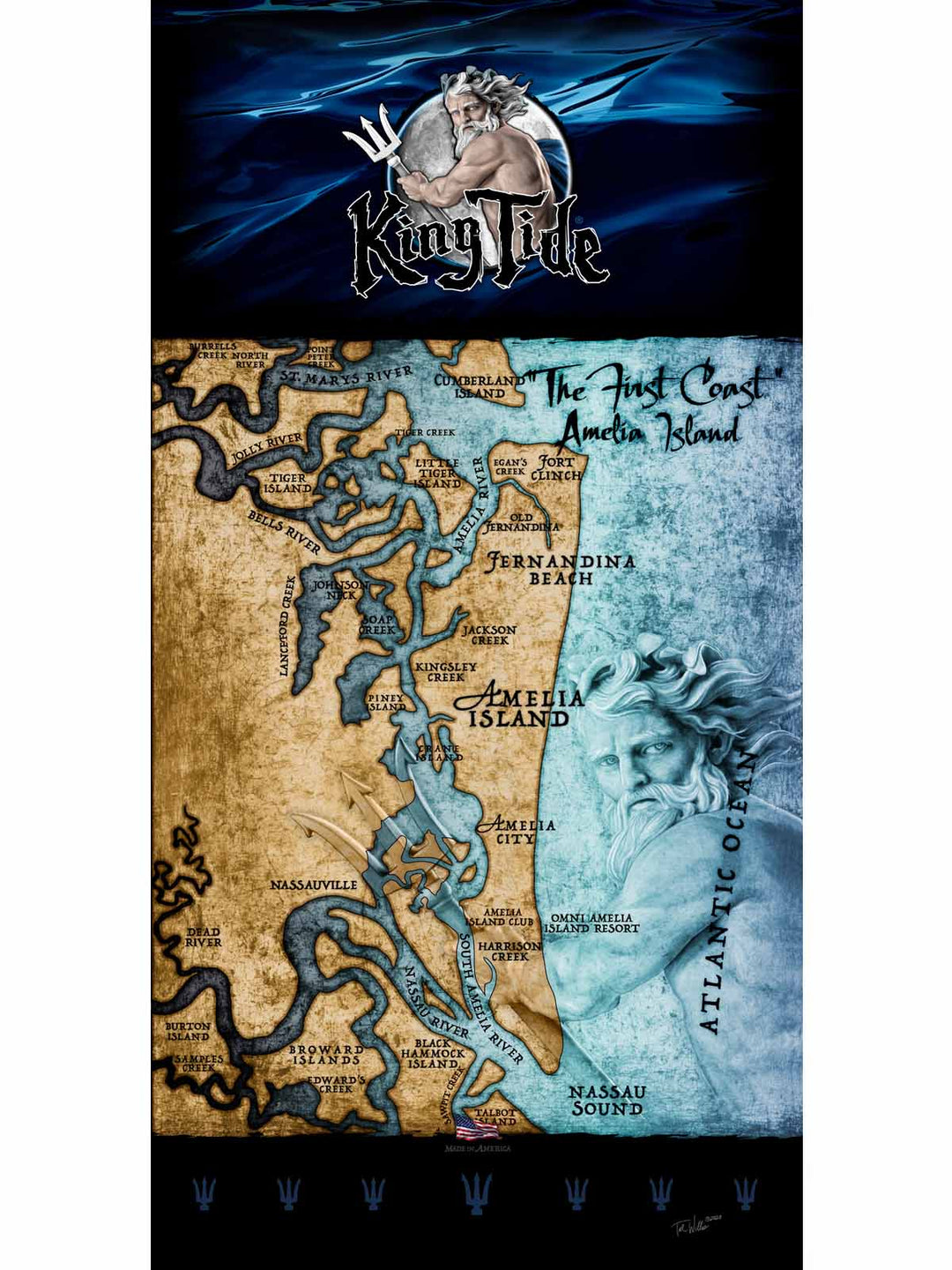 A towel featuring a map of Amelia Island, FL, with a vintage style color scheme on one side and a white terry cotton reverse side. 30" x 60"