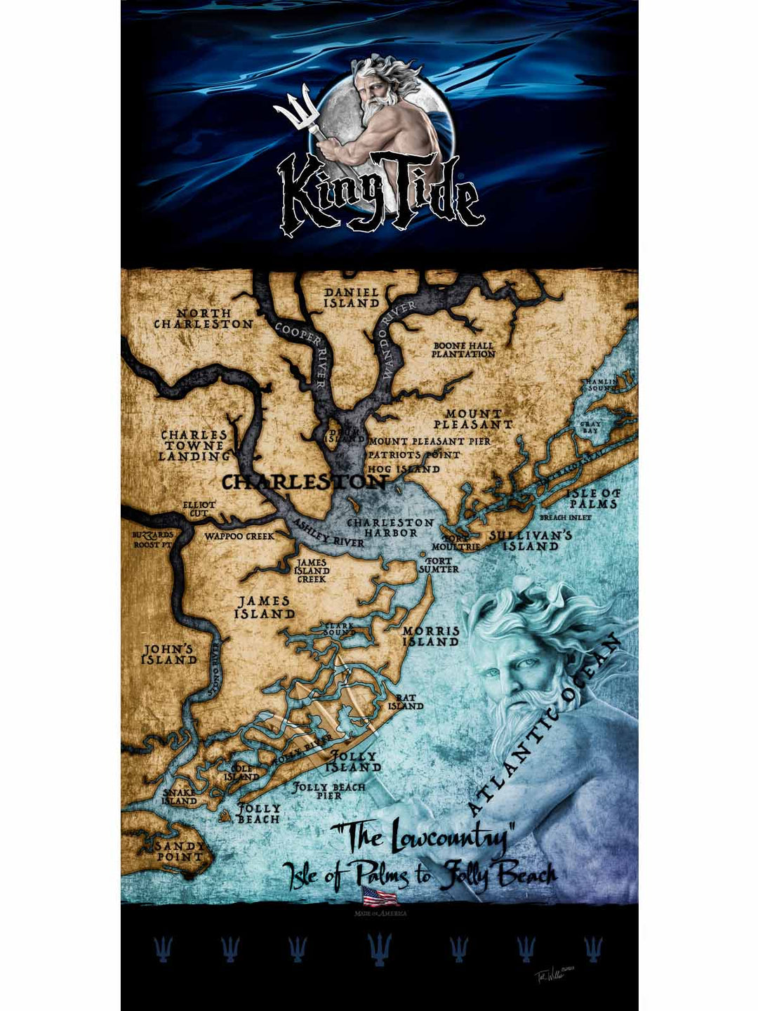 A towel featuring a map of Charleston, SC with a vintage style. The map is labeled with 'Lowcountry' and has a white cotton background on the reverse. 30 x 60