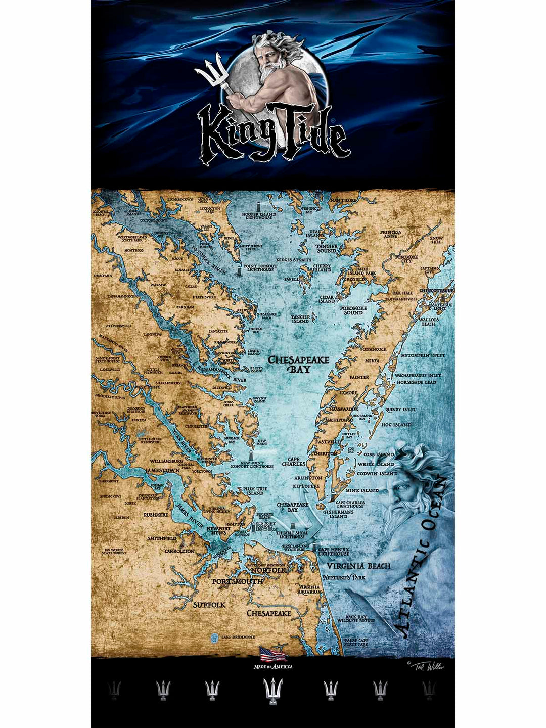 A King Tide towel with a map of Chesapeake Bay, VA. Vintage style and color that will never fade. 30" x 60"