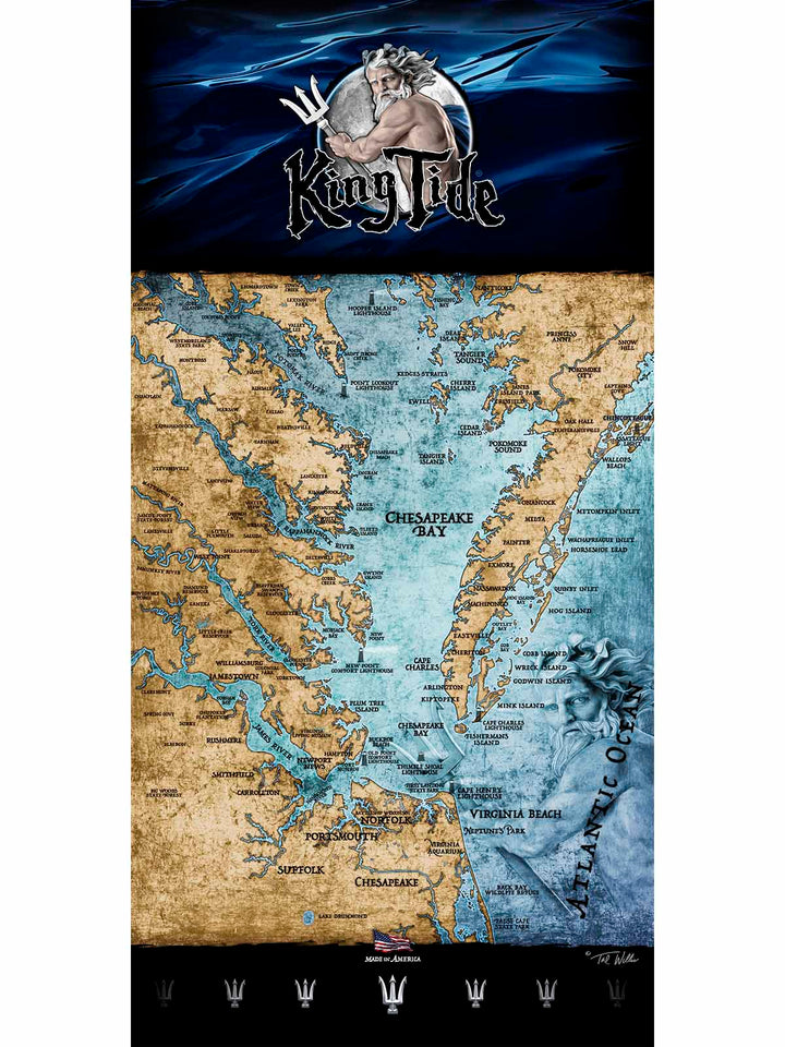A King Tide towel with a map of Chesapeake Bay, VA. Vintage style and color that will never fade. 30" x 60"