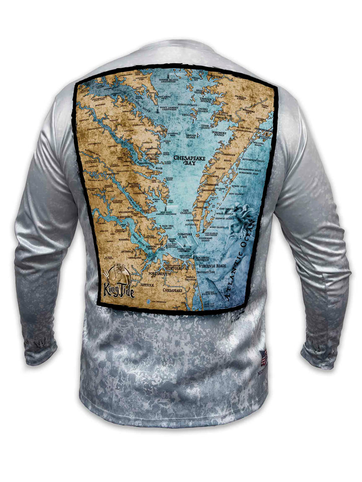 detailed map of Chesapeake Bay, VA on a long-sleeved King Tide shirt with a slate fossil background. The custom map of Chesapeake Bay, VA includes Norfolk, Virginia Beach, Cape Charles, Jamestown, Williamsburg, Yorktown and so many lighthouses!