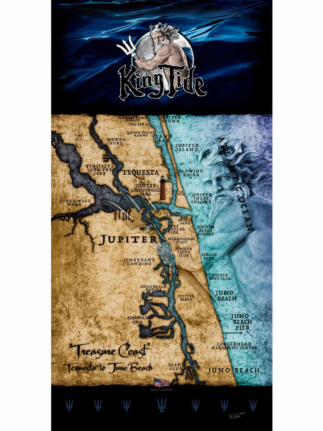 A towel featuring a custom map of Jupiter, FL, on the front with a vintage style, and the brand 'King Tide' at the top. The reverse side is white with a terry cotton texture.