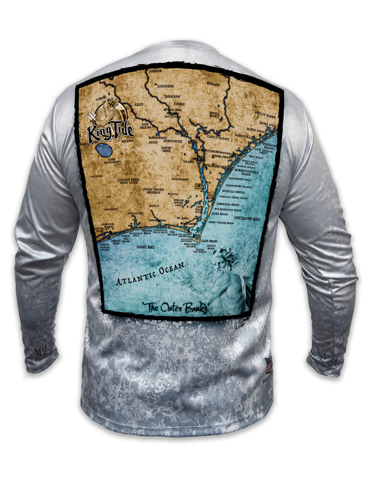 OBX custom map featuring Wrightsville Beach, Sunset Beach, Cape Fear & Bald Head Island on a long sleeve King Tide shirt with a slate fossil background.