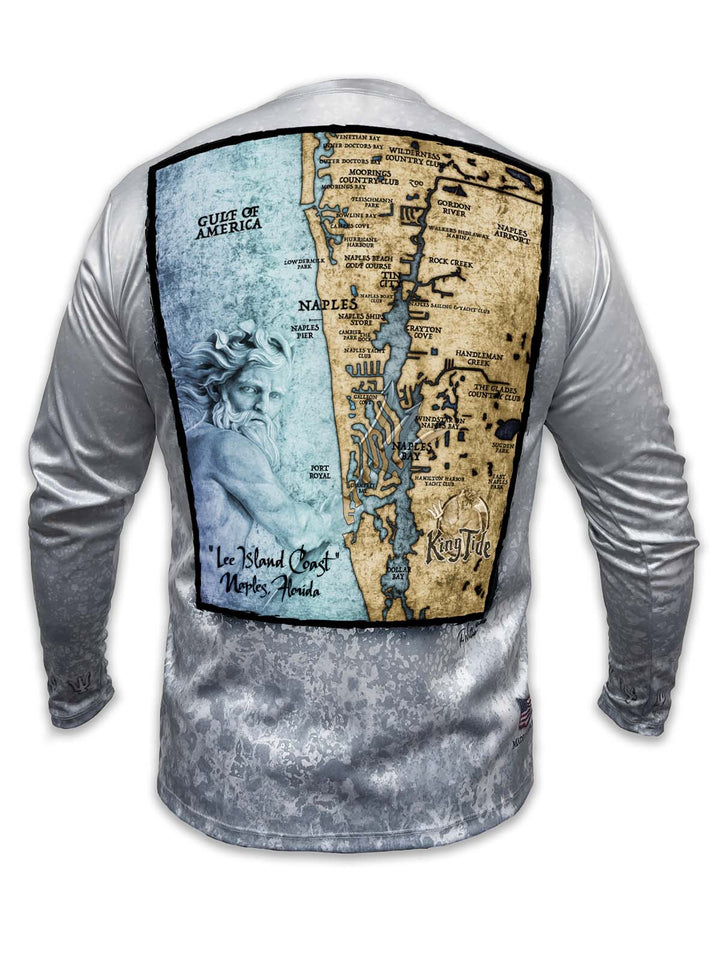 King Tide long sleeve shirt with slate fossil background features custom map including Historic Naples Pier, Lowdermilk Park, Port Royal, and Tin City.  The Lee Island Coast is famous for pristine, white sugar sand beaches and sunsets on the Gulf of America.