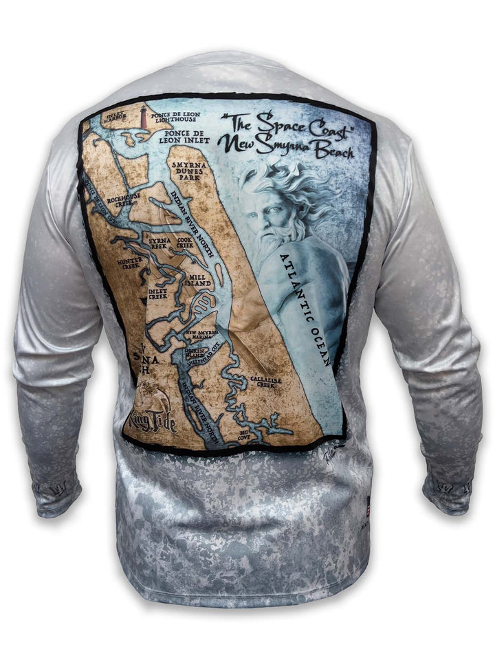 Ponce de Leon Inlet, the Lighthouse, and Smyrna Dunes Park are highlighted on the New Smyrna  map.  Long sleeve King Tide shirt with a slate fossil background.