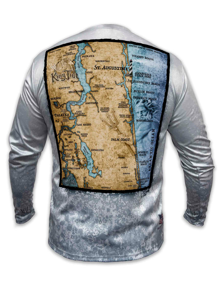 A long-sleeved shirt with a detailed map of St. Augustine and Palatka, FL printed across the back. Palatka & St. Augustine custom map showcases the Saint Johns River, Ravine gardens and Lake George along with historic St. Augustine, Flagler Beach and Ormond by the Sea