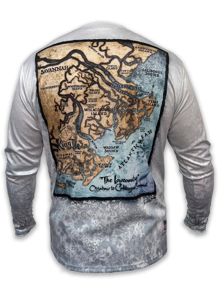 Savannah, Wilmington Island, Tybee Island, Daufuskie Island and the intricate Lowcountry waterways are captured in exquisite, custom detail on this fine art map.  King Tide, long sleeve shirt with a slate fossil background.