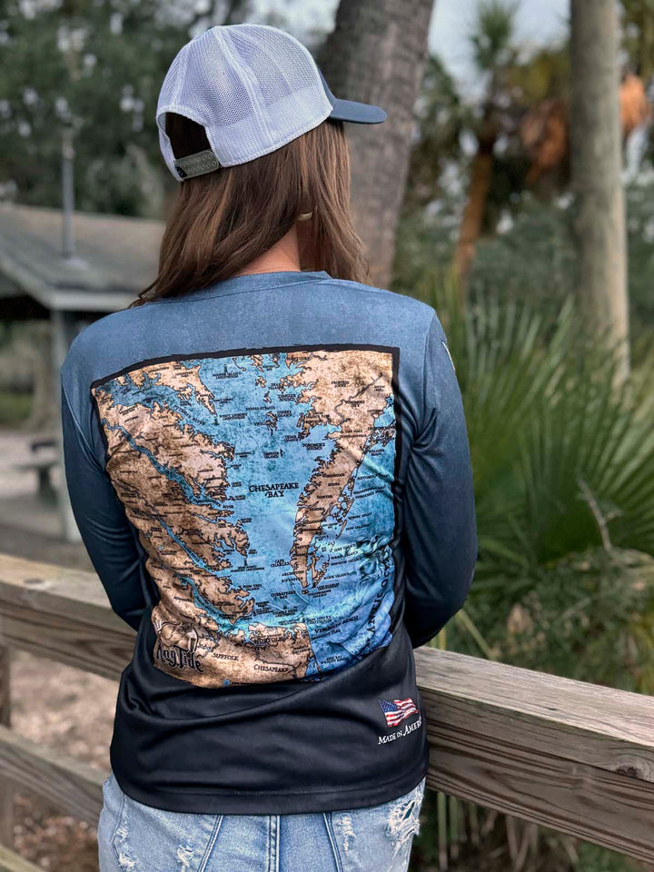 stunning Chesapeake Bay fine art map is set beautifully against a serene blue-black background. Women's long sleeve v neck.