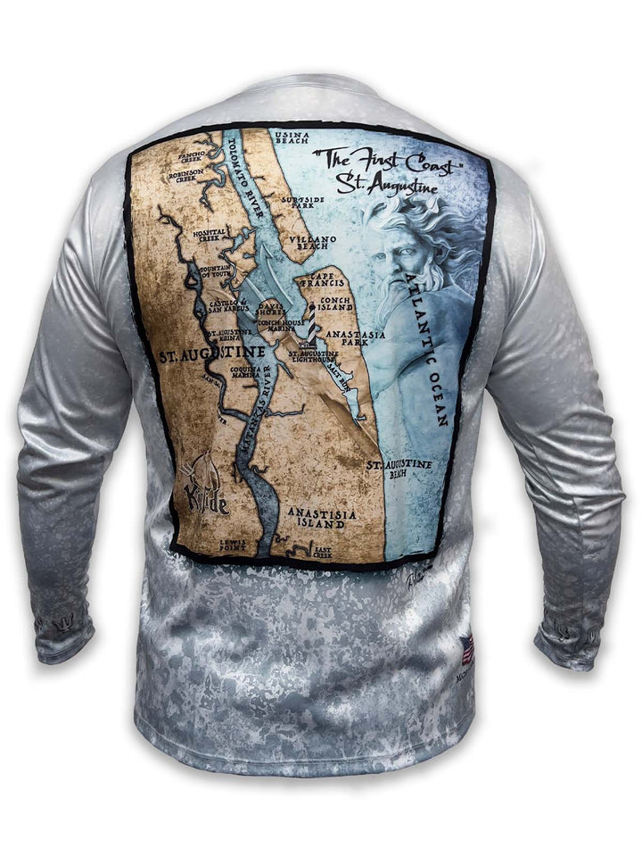 St. Augustine, the lighthouse, Castillo de San Marcos, and Anastasia State Park are a few of the iconic destinations featured on this custom map of the oldest city in the United States!  King Tide long sleeve, custom made performance shirt with a slate fossil background.