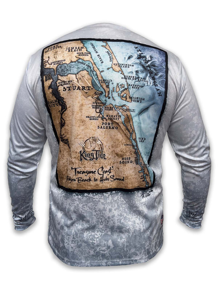 A long-sleeved shirt with a detailed map of Stuart, FL. Stuart, Hutchinson Island, Sailfish Point, Sewall's Point, Hobe Sound and Jupiter Island are highlights on this spectacular Treasure Coast map. Stuart is proudly known as the Sailfish Capital of the World for its legendary fishing.