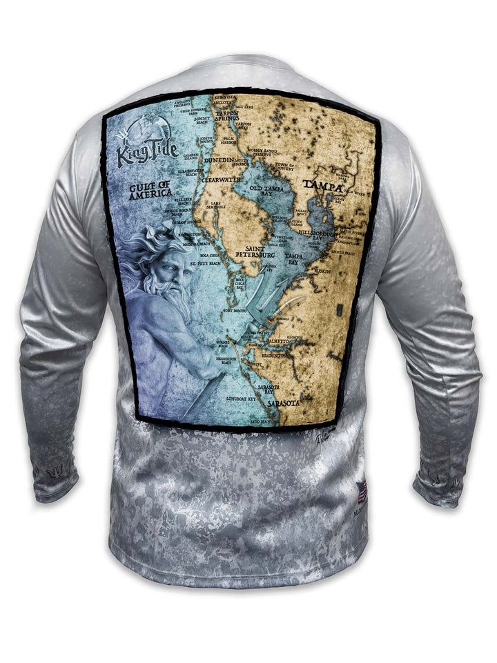 Tampa, St. Petersburg, Clearwater, and Sarasota - situated along the Gulf of America and unfolding around Tampa Bay - are a few of the breathtaking coastal areas depicted on the fine art map.  Long sleeved, King Tide shirt with a slate fossil background.