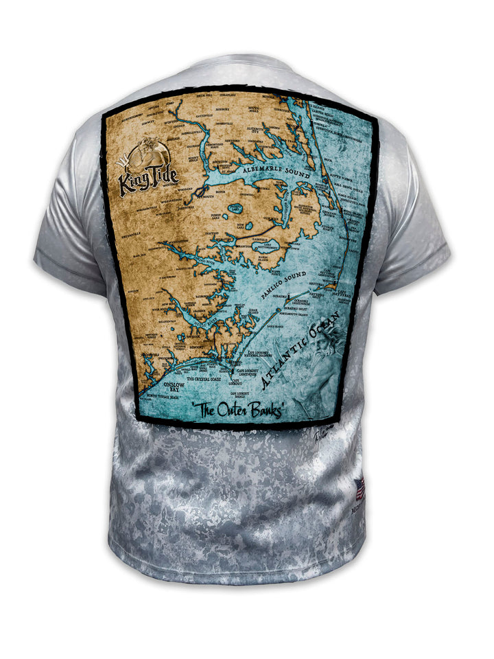 custom short-sleeve shirt sports a sharp Outer Banks map on a cool slate fossil background.
