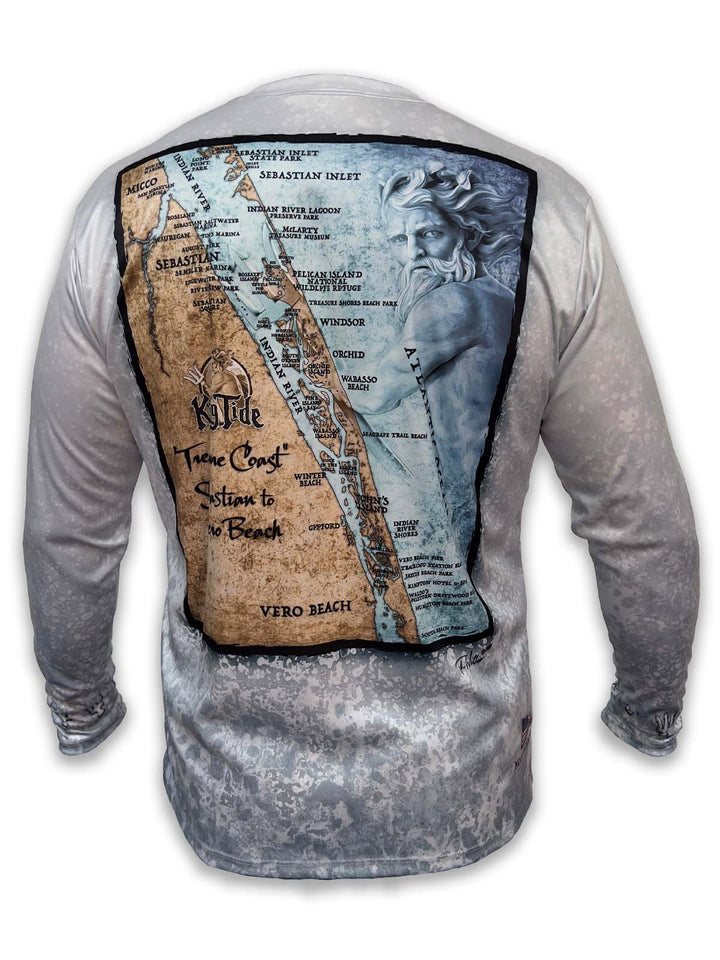Long sleeve King Tide map shirt featuring Vero Beach, Sebastian Inlet, John's Island, South Beach Park - bordered by the Indian River Lagoon and pristine Atlantic beaches - are highlighted on the Treasure Coast fine art map. Vero's coastline features diverse ecosystems, treasure hunting and excellent fishing.