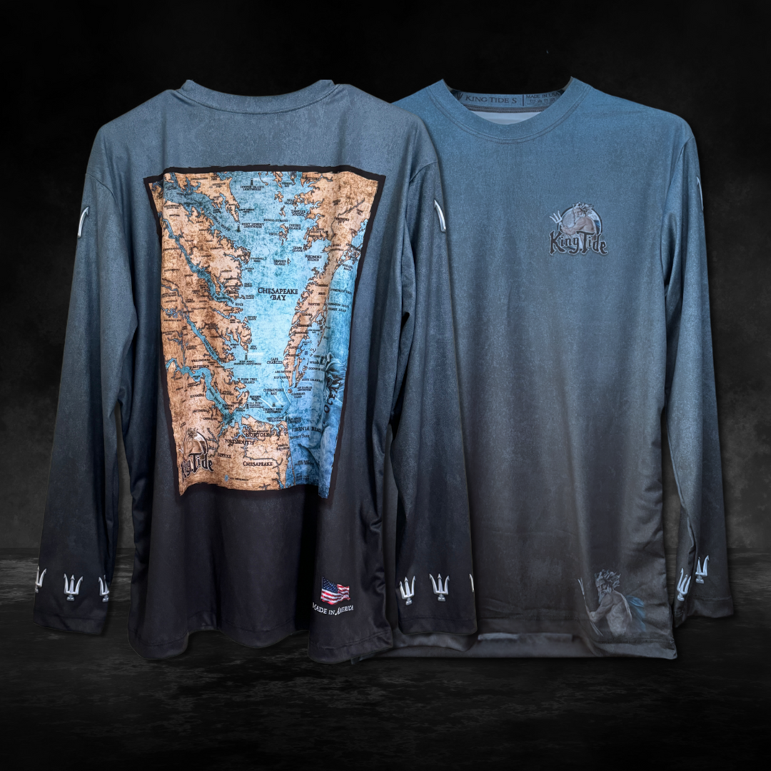 vintage-style fine art map of Chesapeake Bay, VA its intricate details are set perfectly against a rich, blue-black background. A luxury performance shirt built for comfort and a classic sense of style