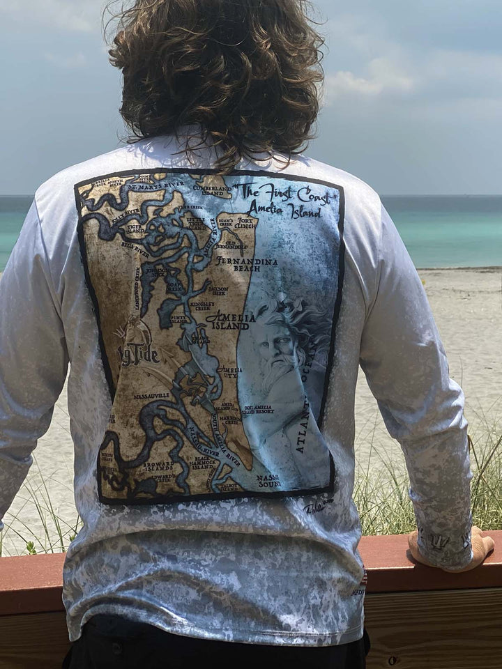 Vintage style map of Amelia Island on back of long sleeve performance shirt with slate fossil allover print. UPF 50. XS-5X. Made in USA. Original art and design by Tal Willis.

