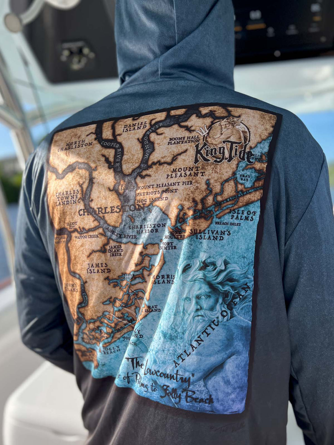 Vintage style Charleston, SC coastal map on back of serene black performance hoodie.  Double lined hood. UPF50. Unisex. XS-4X. Made in USA. Original art and design by Tal Willis.
