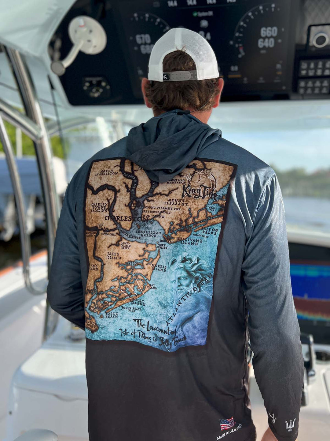 Vintage style Charleston, SC coastal map on back of serene black performance hoodie.  Double lined hood. UPF50. Unisex. XS-4X. Made in USA. Original art and design by Tal Willis.
