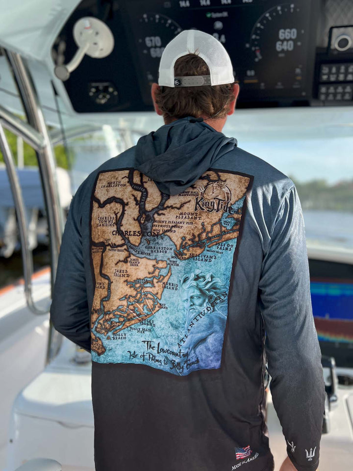 Vintage style Charleston, SC coastal map on back of serene black performance hoodie.  Double lined hood. UPF50. Unisex. XS-4X. Made in USA. Original art and design by Tal Willis.
