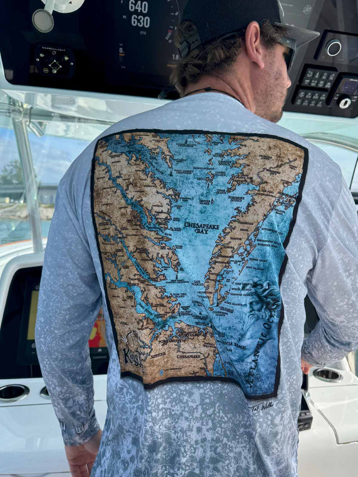 Vintage style map of Chesapeake Bay on back of long sleeve performance shirt with slate fossil allover print. UPF 50. XS-5X. Made in USA. Original art and design by Tal Willis.
