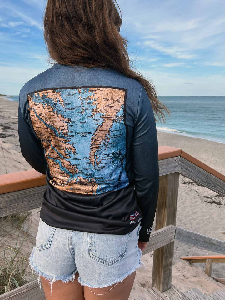 Chesapeake Bay, VA  / King Tide Women's V Neck Serene Black Chart Shirt