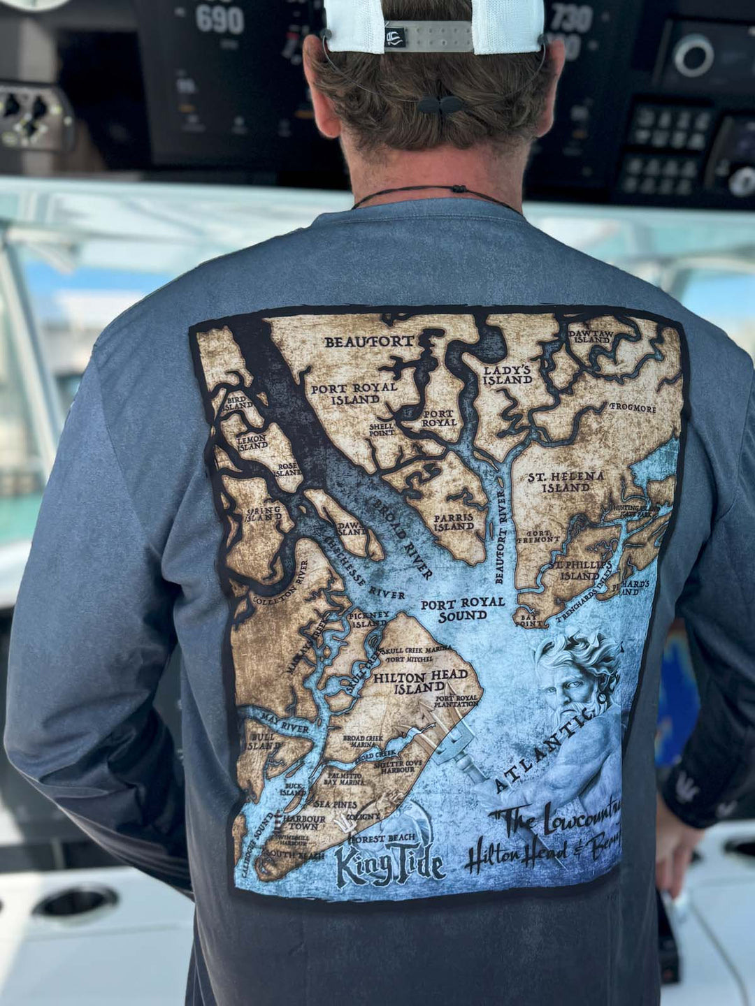 King Tide long sleeve performance shirt in serene black.  Back side features vintage style map of coastal Hilton Head / Beaufort. UPF50 XS-5X Made in USA. Original artwork and design by Tal Willis.