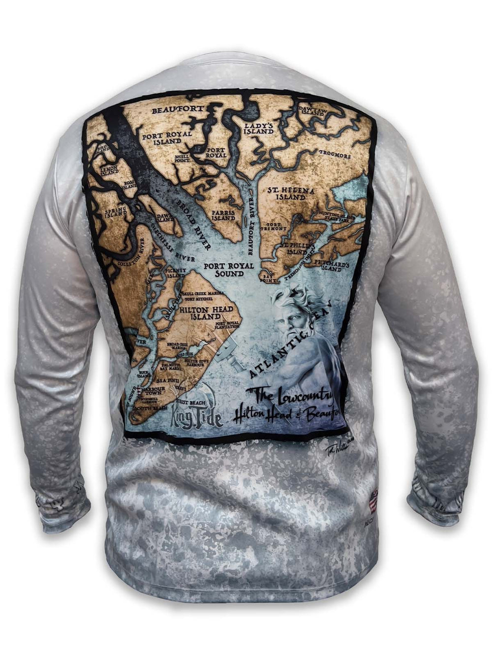 Custom map of Hilton Head and Beaufort, SC on a long sleeve shirt with slate fossil background. Hilton Head, Beaufort, Hunting Island State Park, and Harbour Town are a few of the iconic, Lowcountry locations fed by the waterways of Port Royal Sound and tides of the Atlantic Ocean. The beautifully detailed, fine art Hilton Head / Beaufort map is a stunner! UPF 50. XS-5X. Made in USA. Original art by Tan Willis.