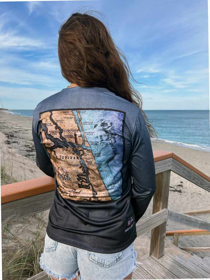 Jupiter coastal map on serene black long sleeve performance shirt. UPF 50 XS-2X