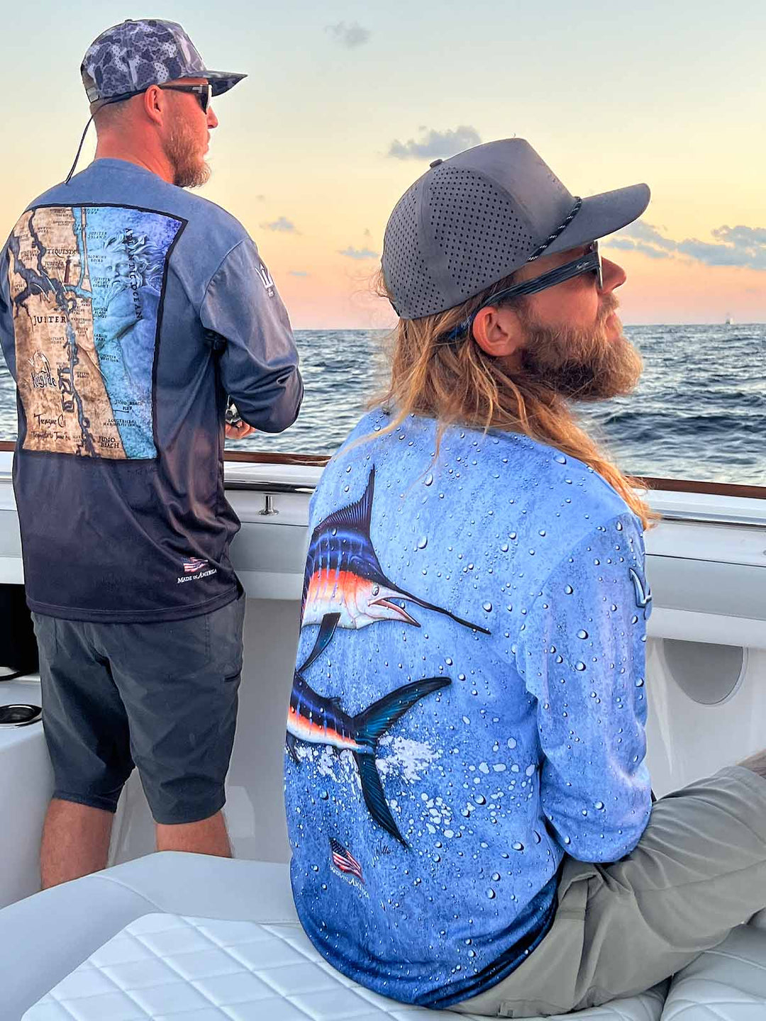 Long sleeve, serene black allover print performance shirt. Back shows vintage style map of Jupiter, FL. UPF 50. XS-5X. Made in USA. Original art and design by Tal Willis.  *Also shown is Marlin