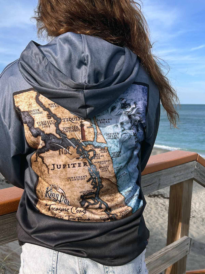Performance hoodie in serene black with vintage style Jupiter, FL coastal map.  Unisex sizes XS-4X. Made in USA. Original art and design by Tal Willis