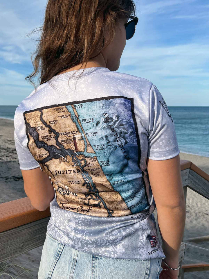 Jupiter, FL / King Tide Women's V Neck Allover Short Sleeve Chart Shirt