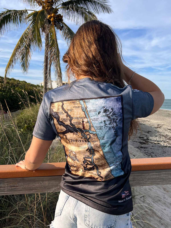 Jupiter map on short sleeve serene black performance shirt.  XS-4X