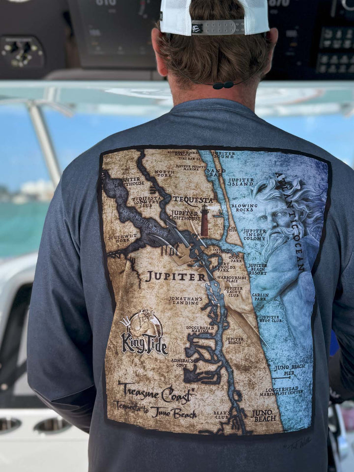 Vintage style map of Jupiter, FL on back of long sleeve performance shirt with serene black allover print. UPF 50. XS-5X. Made in USA. Original art and design by Tal Willis.
