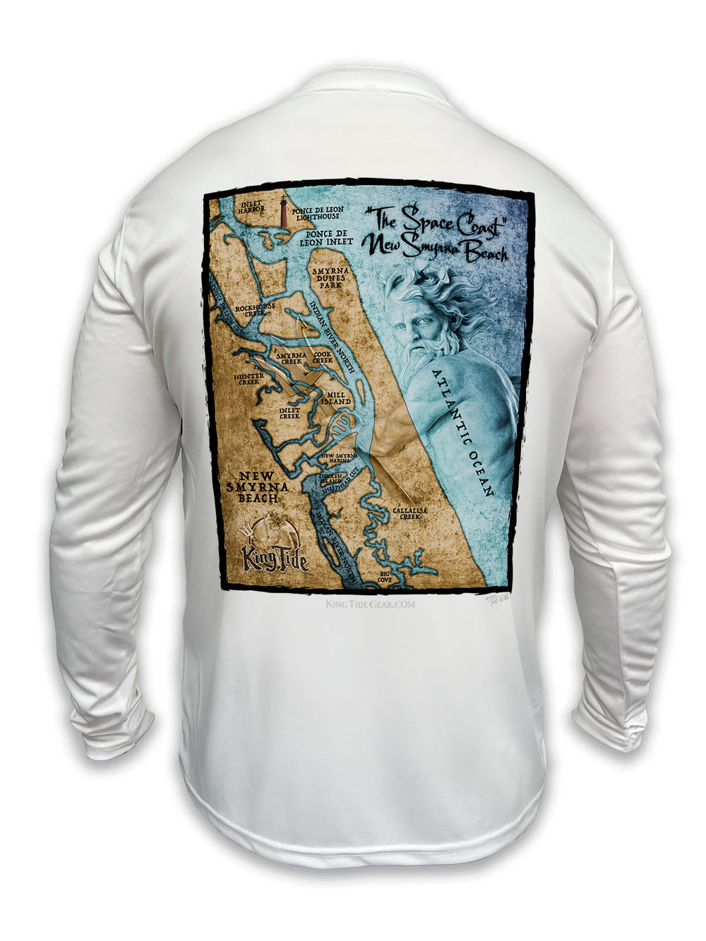 King Tide Classic UPF 50+ long-sleeve. New Smyrna Beach, FL Vintage Map shirt. Back shows artist-designed map on solid white. Serious sun protection. Stunning artwork.  Won’t fade. Sizes XS-5X. Original artwork by Tal Willis. Designed, printed, cut & sewn in USA.