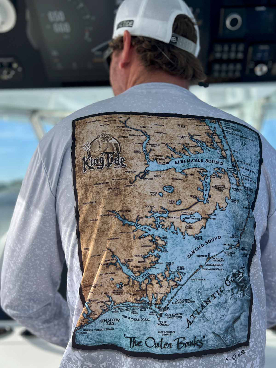 Vintage style, nautical chart  of The Outer Banks on back of long sleeve performance shirt with slate fossil allover print. UPF 50. XS-5X. Made in USA. Original art and design by Tal Willis.