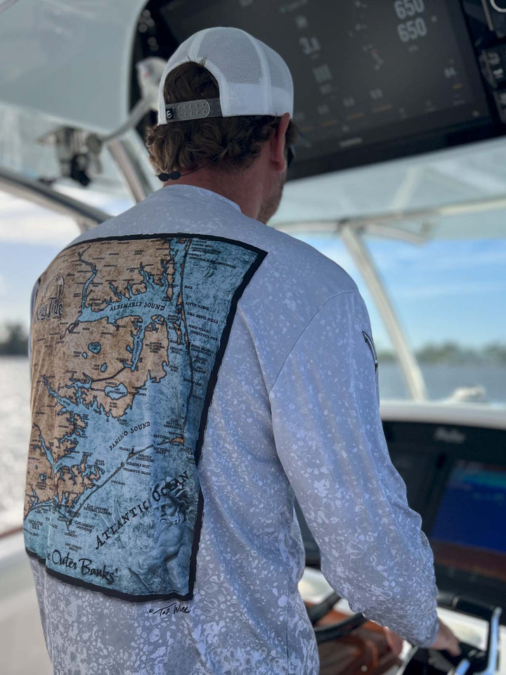 Vintage style map of Outer Banks on back of long sleeve performance shirt with slate fossil allover print. UPF 50. XS-5X. Made in USA. Original art and design by Tal Willis.
