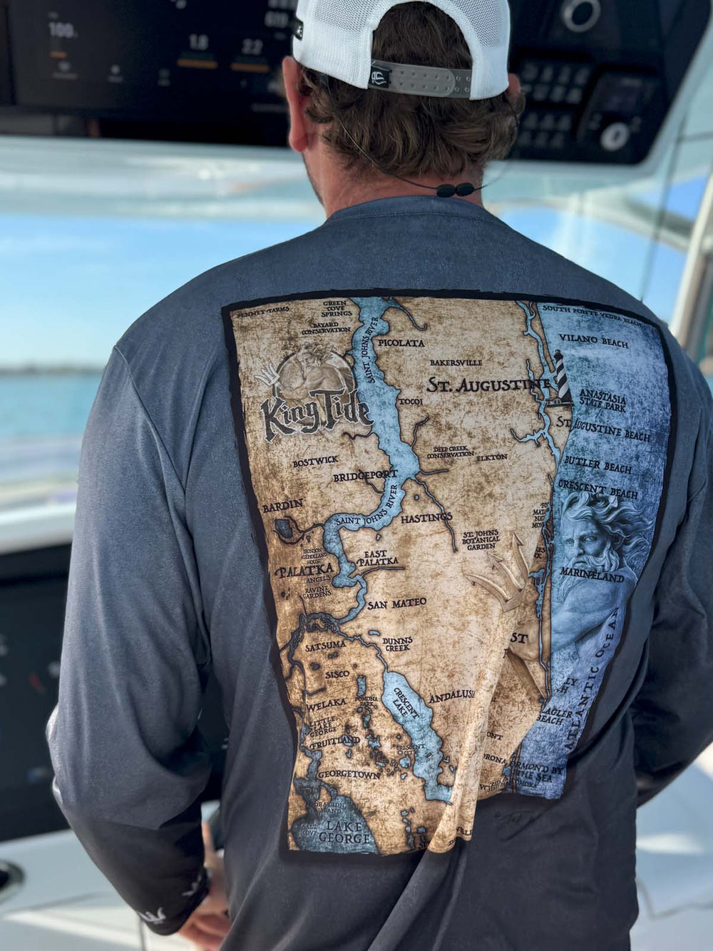 St. Augustine & Palatka, FL Vintage Map shirt. UPF 50+ long-sleeve.  Back shows artist-designed map on serene black allover print. Serious sun protection. Stunning art.  Won’t fade. Sizes XS-5X. Original art by Tal Willis. Designed, printed, cut & sewn in USA.