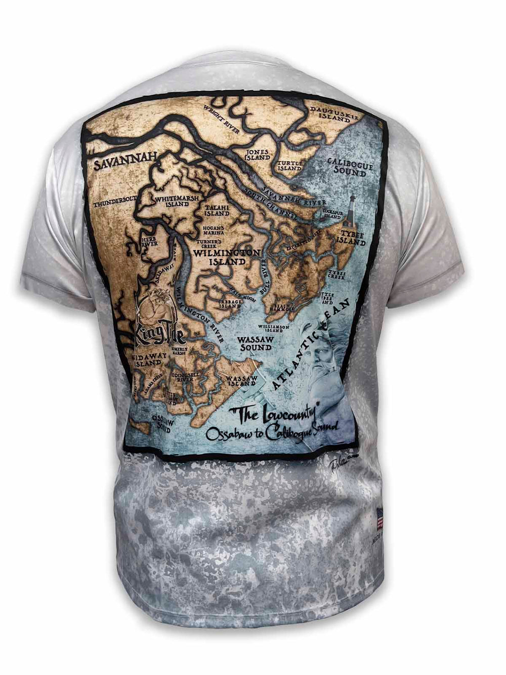Vintage style map of Savannah, GA on back of short sleeve performance shirt with slate fossil allover print. UPF 50. XS-5X. Made in USA. Original art and design by Tal Willis.
