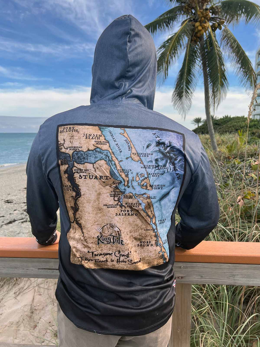 Performance hoodie in serene black with vintage style Stuart, FL coastal map.  Unisex sizes XS-4X. Made in USA