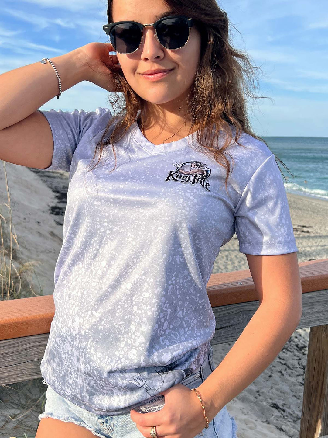 Outer Banks, NC (Upper) / King Tide Women's V Neck Allover Short Sleeve Chart Shirt