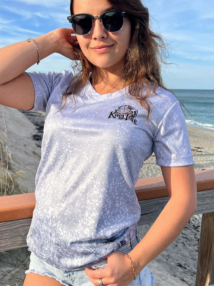 Outer Banks, NC (Upper) / King Tide Women's V Neck Allover Short Sleeve Chart Shirt